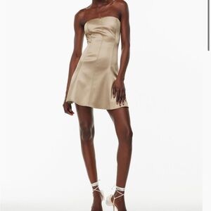 Aritzia Interest Satin Dress, SOLD OUT, size 4, gold/humus beige